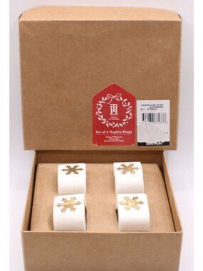 Total Home Curated Napkin Rings Set 4 White Marble w/ Gold Snowflake 2" Holidays